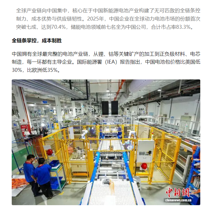 中国新能源电池占全球70%，为何全球产业链向中国集中？